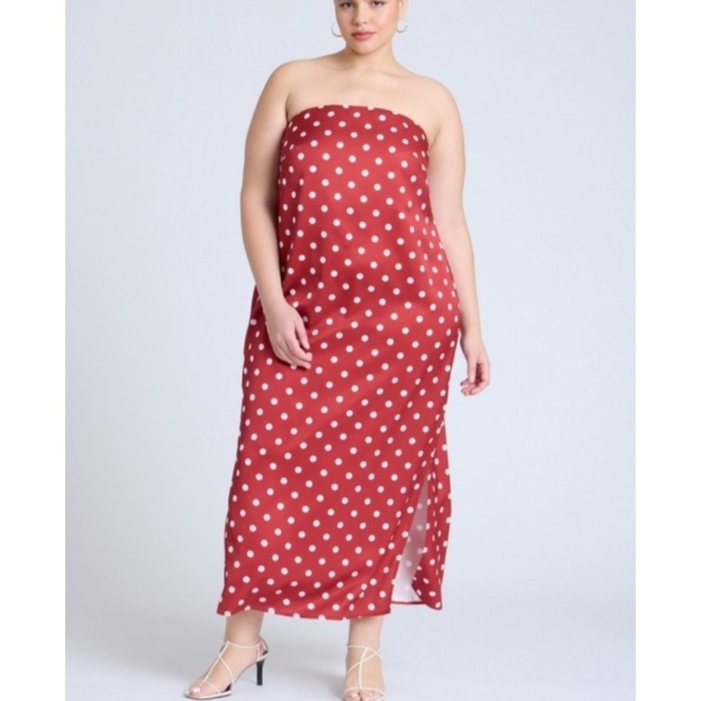 ELOQUII Dress Size 24W Brown Rust Polka Dots‎ Satin Strapless